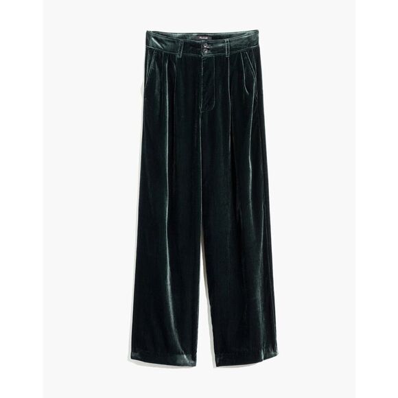 Madewell Velvet Pleated Wide-Leg Pants Smoky Spruce Green | Size 10 - Picture 4 of 16